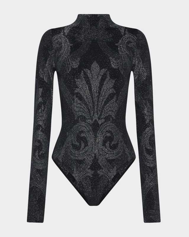 x Etro Mock-Neck Metallic Jacquard Bodysuit